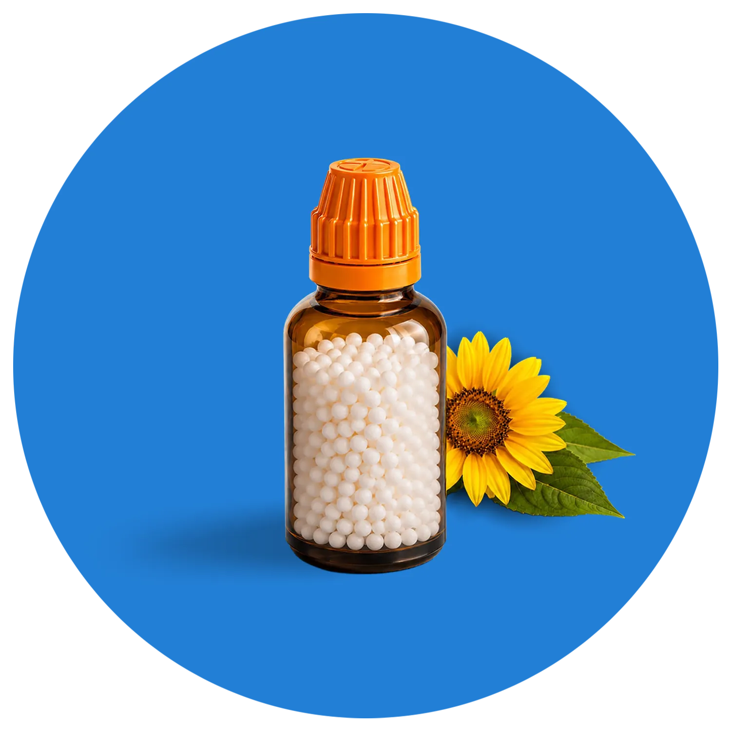 Homeopathic remedy bottle with sunflower
