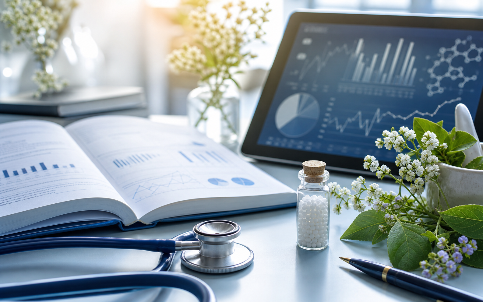 Clinical research workspace with laboratory equipment and natural remedies