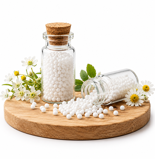 Homoeopathy remedies on a wooden tray with flowers